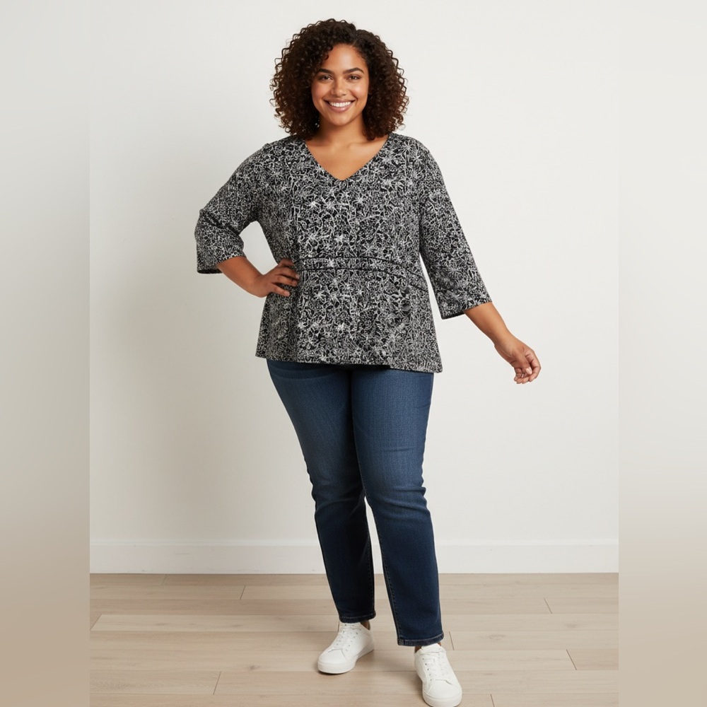 Talbots Black and White Relaxed Blouse w/ side zipper